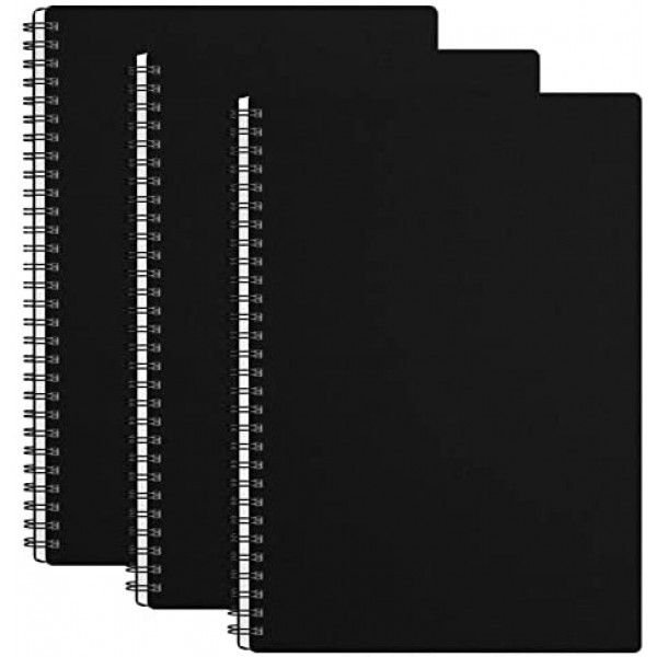 Surard Spiral Notebook Dot Grid, 3 Set B5 10.2x7.3” Plastic Flexible Cover 100GSM Thick Paper Journal Writing Planner Notepad 60 Sheet 120 Pages for School, Office, Business Supplies-Black