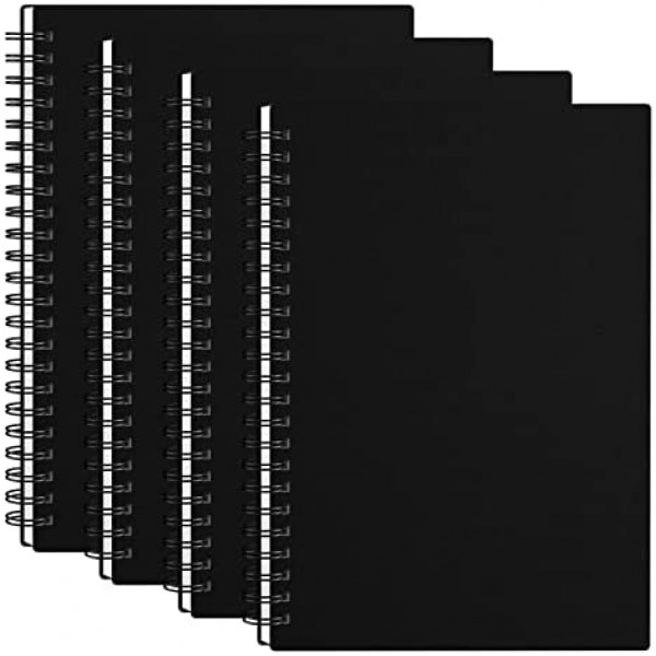 Surard Spiral Notebook Ruled, 4 Pack A5 5.5x8.3” Lined Plastic Flexible Cover Journal Memo Notepad with 100GSM Thick Paper 60 Sheet 120 Pages for Business, Schools, Offices, Students-Black