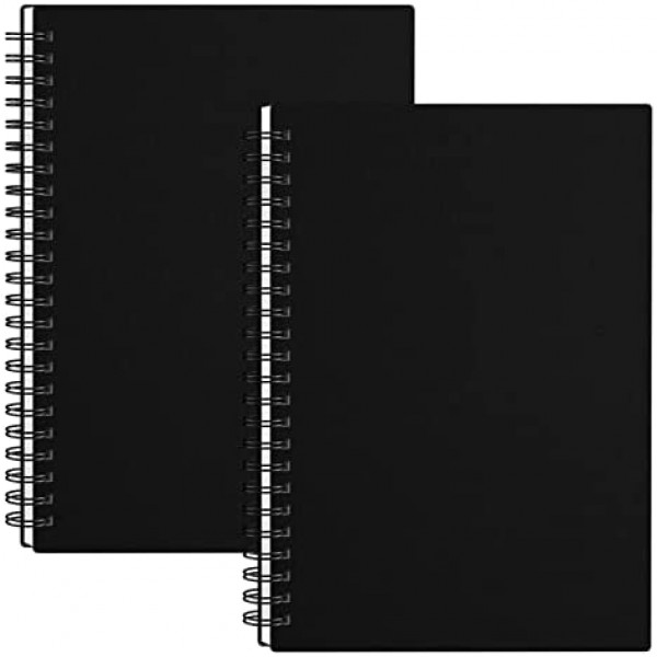 Surard Spiral Notebook Ruled, A5 5.5x8.3” Set of 2 Lined Writing Journal Memo Notepad with 100GSM Thick Paper, Waterproof Plastic Flexible Cover for Business, Schools, Offices, Students-Black
